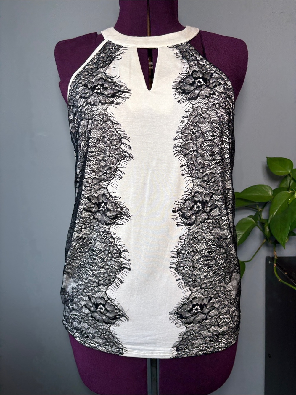 Cable & Gauge White Halter Camisole with Black Lace Overlay - Picture 6 of 10
